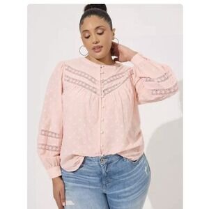 NWT Torrid Pink Cotton Clip Dot Lace Trim Long Sleeve Button Up‎ Top Size 4X